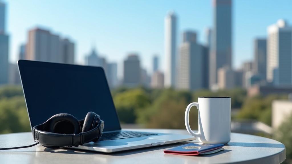 A compact workspace with a laptop, headphones, passport, and travel mug on a rooftop table with city buildings and blue sky in the background.
