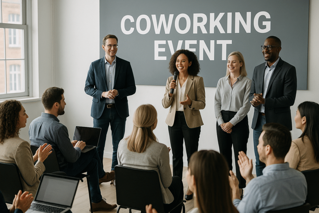Digital nomads sharing ideas in a coworking event