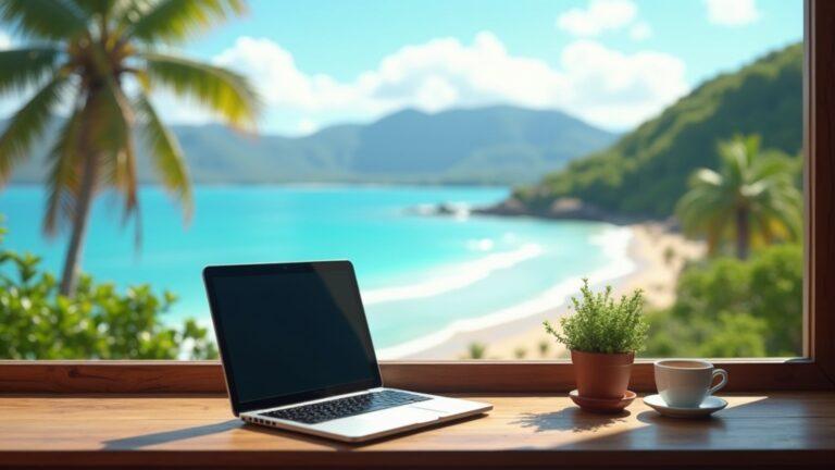 Digital Nomad Workspace Laptop On The Beach With Tropical Scenery