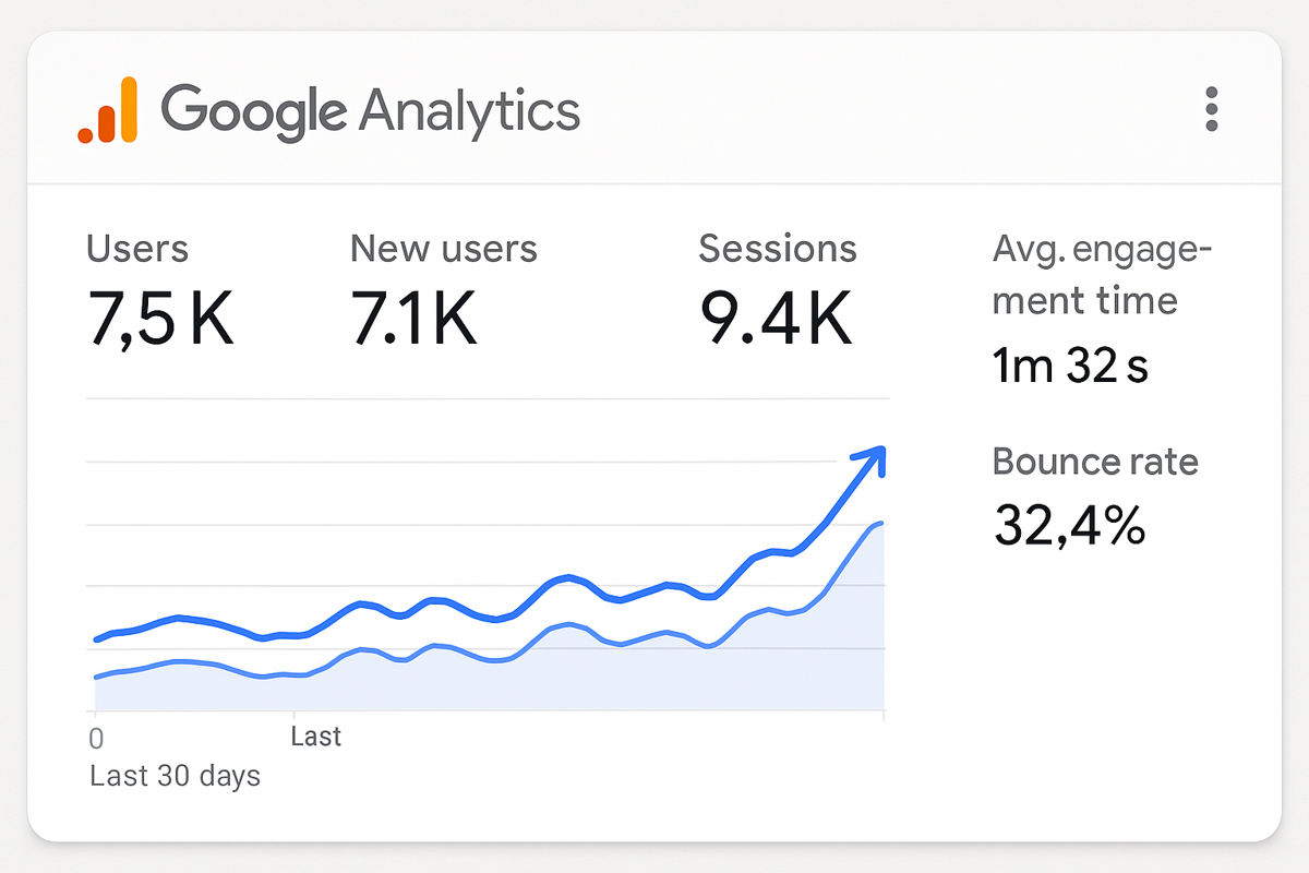 Clean Google Analytics dashboard showing strong performance metrics including users, new users, sessions, average engagement time, and bounce rate