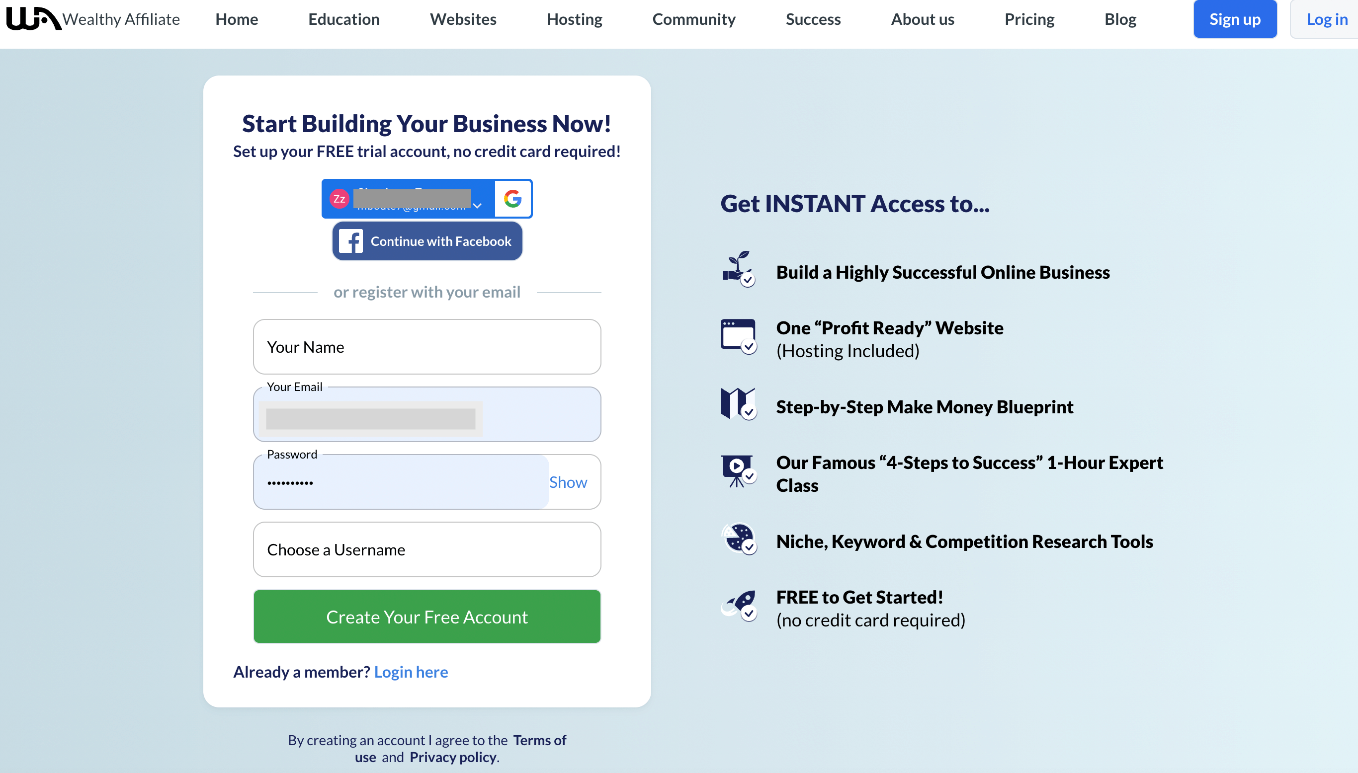 Wealthy Affiliate's Training Platform  Sign-Up