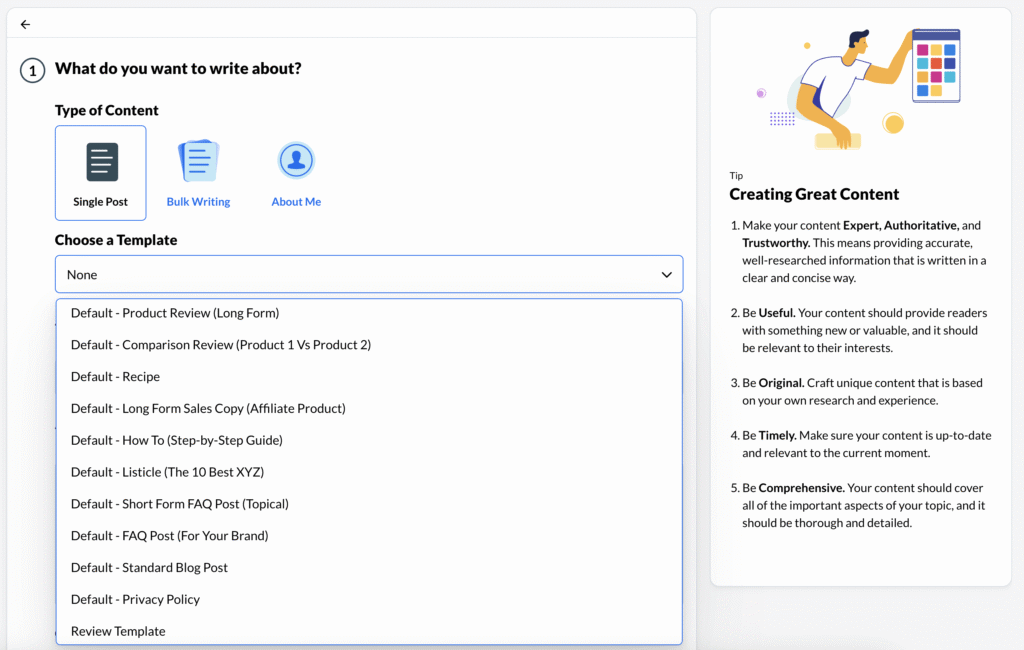 A Glimpse Into Wealthy Affiliate's AI Article Designer where you can choose your content template