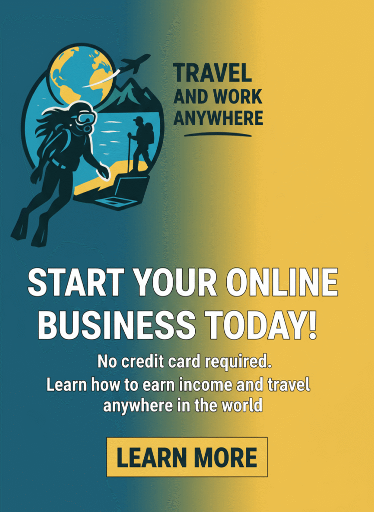 Image of my Travel and Work Anywhere logo with a Call to Action to Start Your Online Business Today