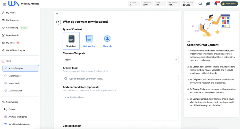 Wealthy Affiliate's AI Advanced Article Designer
